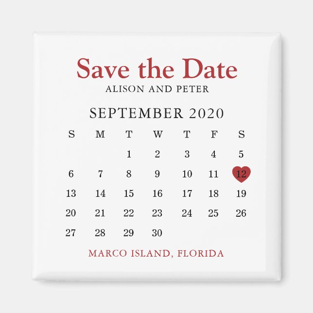 Red Heart Calendar Wedding Save the Date Magnet (Front)