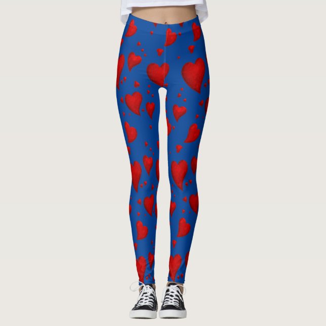 Red Heart Christmas Merry Xmas Welcome 2022 Blue Leggings (Front)