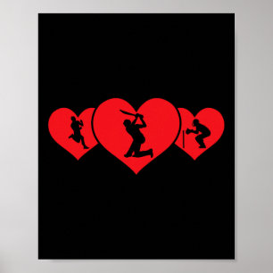 Red Heart Cricket Game Player Love Funny Valentine Poster