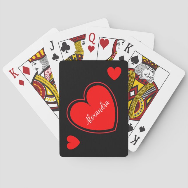 Red heart custom name on black playing cards (Back)