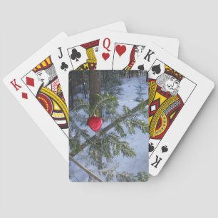 Red Heart Decoration on Pine Branch Playing Cards