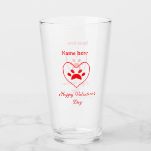 Red heart dog cat paw happy Valentine's day name  Glass