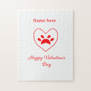 Red heart dog cat paw happy Valentine's day name  Jigsaw Puzzle