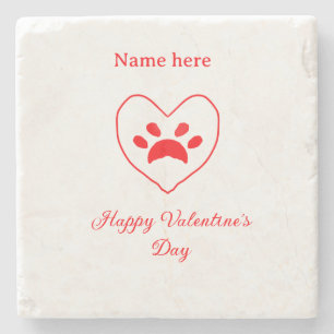 Red heart dog cat paw happy Valentine's day name Stone Coaster