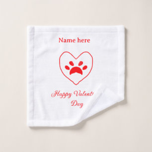 Red heart dog cat paw happy Valentine's day name Wash Cloth