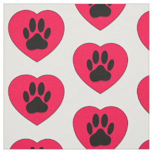 Red Heart Dog Paw Print Repeat Pattern  Fabric