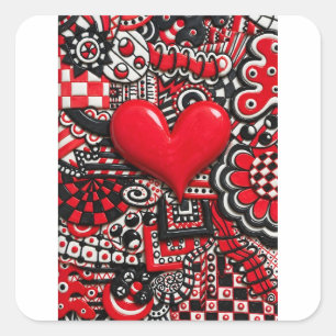 Red Heart Doodle Bold Red Black and White Heart Square Sticker