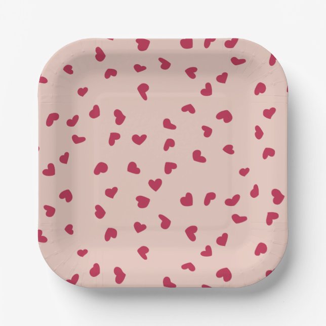 Red Heart Doodles Scattered on Peach Paper Plate (Front)