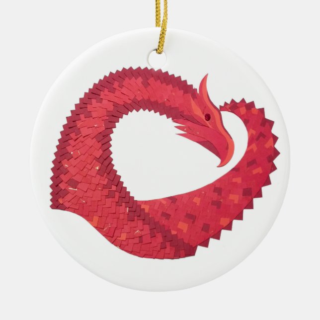 Red heart dragon on white ceramic tree decoration (Front)