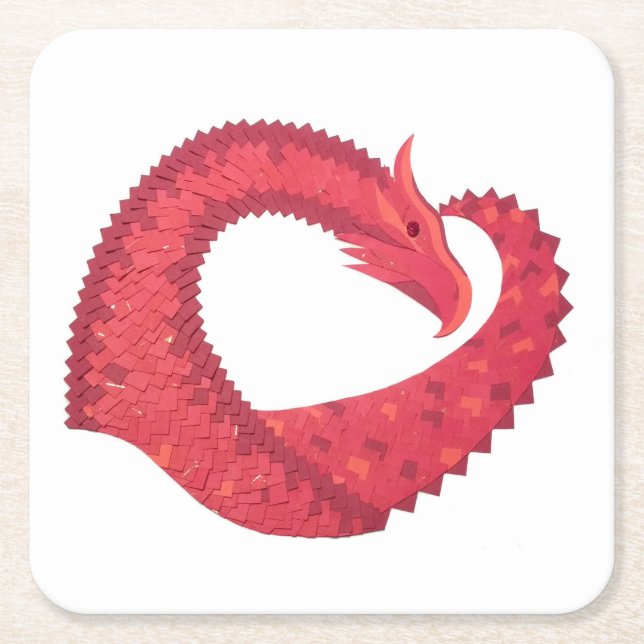 Red heart dragon on white square paper coaster (Front)