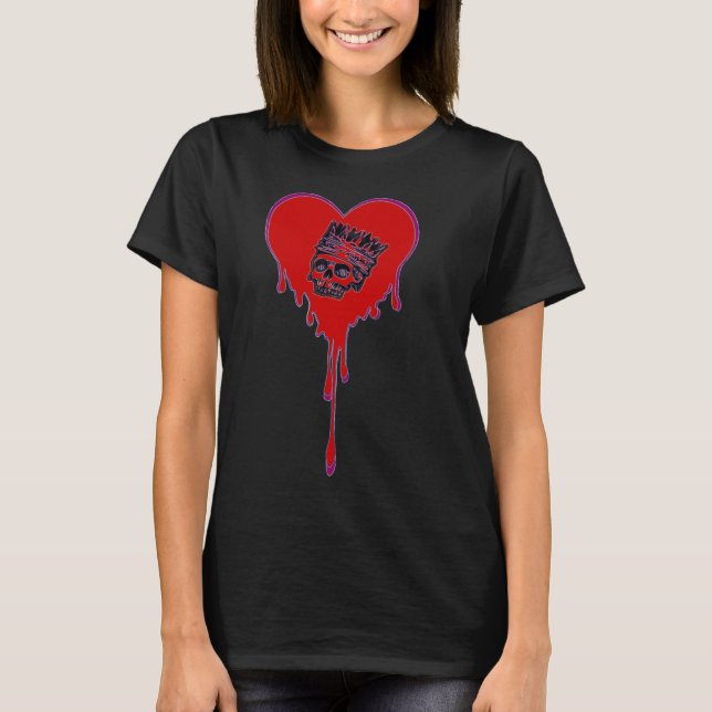 Red Heart Dripping Skull Bleeding Halloween  T-Shirt (Front)