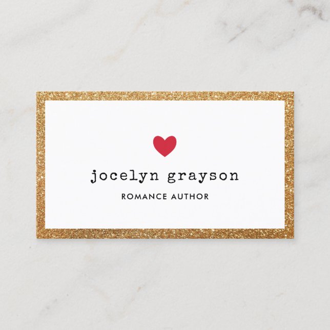 Red Heart Faux Gold Glitter Romance Author Business Card (Front)