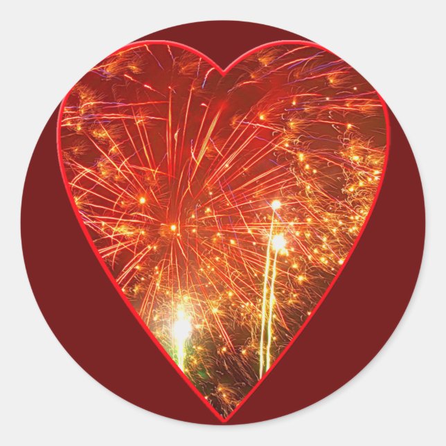 Red Heart Firework Classic Round Sticker (Front)