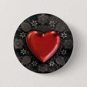 Red heart floral 6 cm round badge