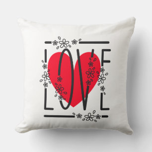 Red Heart & Flowers Text Graphic Modern & Stylish Cushion