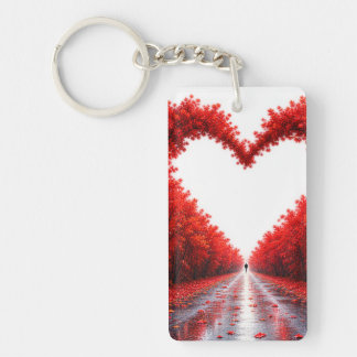 Red Heart Forest Path – Autumn Love Nature Design Key Ring