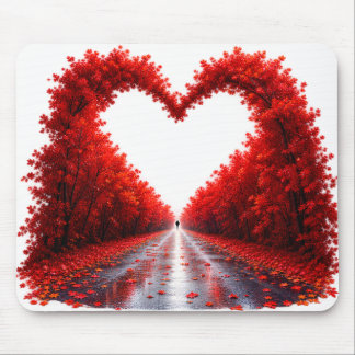 Red Heart Forest Path – Autumn Love Nature Design Mouse Pad