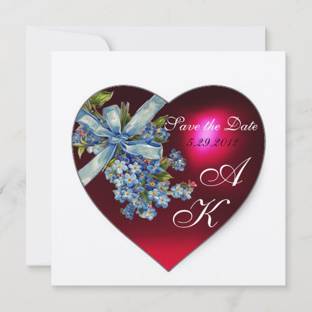 RED HEART & FORGET ME NOT MONOGRAM Gold Metallic Invitation (Front)