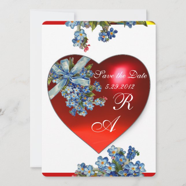 RED HEART & FORGET ME NOTS MONOGRAM blue champagne Invitation (Front)
