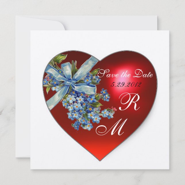 RED HEART & FORGET ME NOTS MONOGRAM blue gold Invitation (Front)