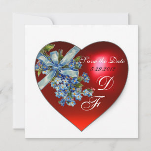RED HEART & FORGET ME NOTS MONOGRAM blue white Invitation