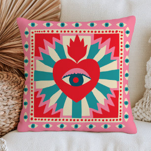 Red Heart Funky Evil Eyes Bohemian Pink Maximalist Cushion