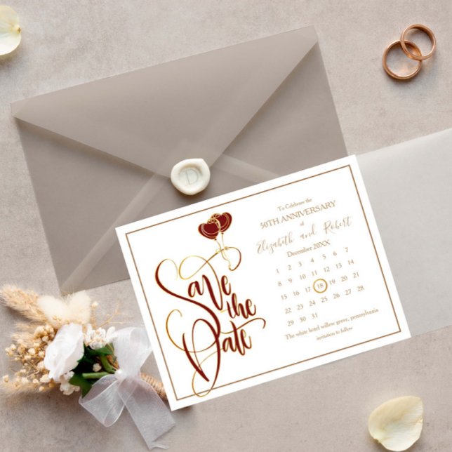 Red Heart Glod 50th Anniversary Save The Date Announcement Postcard (Creator Uploaded)