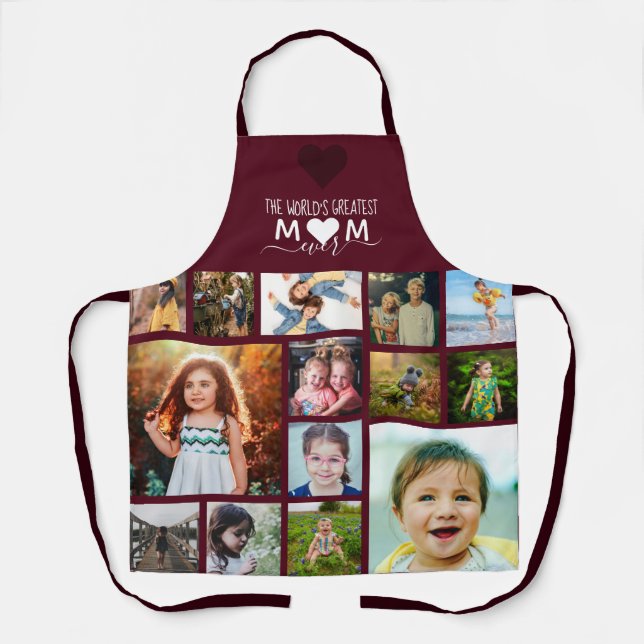 Red Heart Greatest Mum Ever Photo Collage Apron (Front)