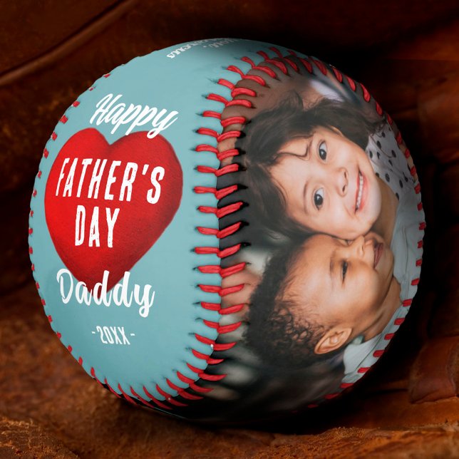 Red Heart Happy Father's Day Daddy 2 Photo Collage Baseball (Creator Uploaded)