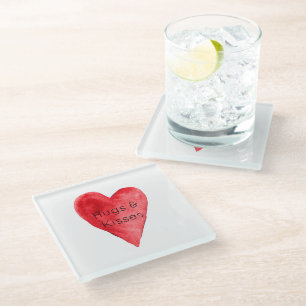 Red Heart Hugs Kisses Glass Coaster