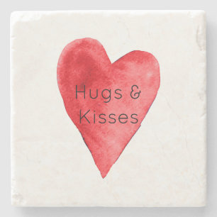 Red Heart Hugs Kisses Stone Coaster