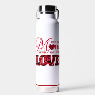 Red Heart I Love You Mum Floral Modern Mothers Day Water Bottle