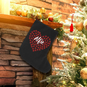 Red Heart in Paw Prints Pet Name Christmas Large Christmas Stocking