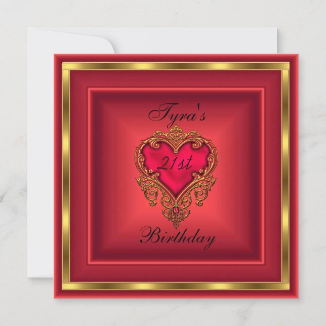 Red Heart Jewel Gold Elegant 21st Birthday Party Invitation (Front)