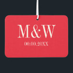 Red heart just married wedding car air freshener<br><div class="desc">Custom red heart just married wedding car air freshener. Cute wedding reminder gift idea for newly weds couple and guests. Personalised monogram name initials of bride and groom plus date of marriage. Heart shaped design to refresh your auto with different cool scents to mask dog / pet smell and other...</div>
