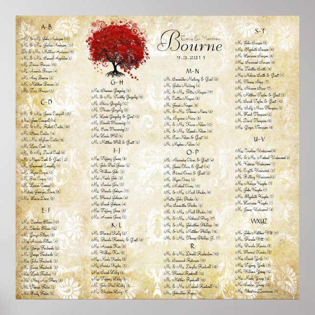 Red Heart Leaf Damask Wedding Seating Chart (Front)