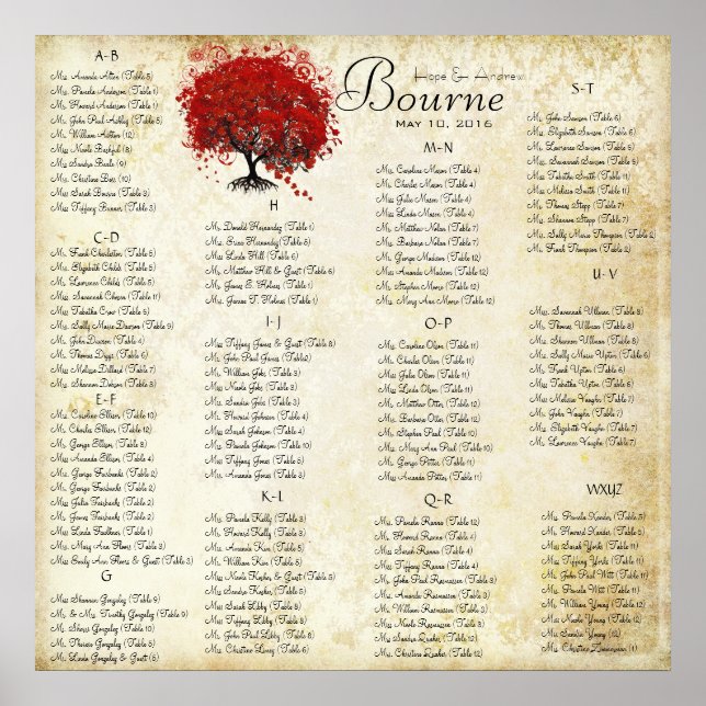 Red Heart Leaf Damask Wedding Seating Chart (Front)
