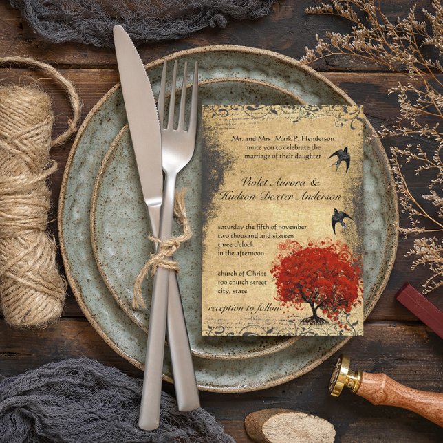 Red Heart Leaf Tree Mediaeval Renaissance Wedding Invitation (Creator Uploaded)