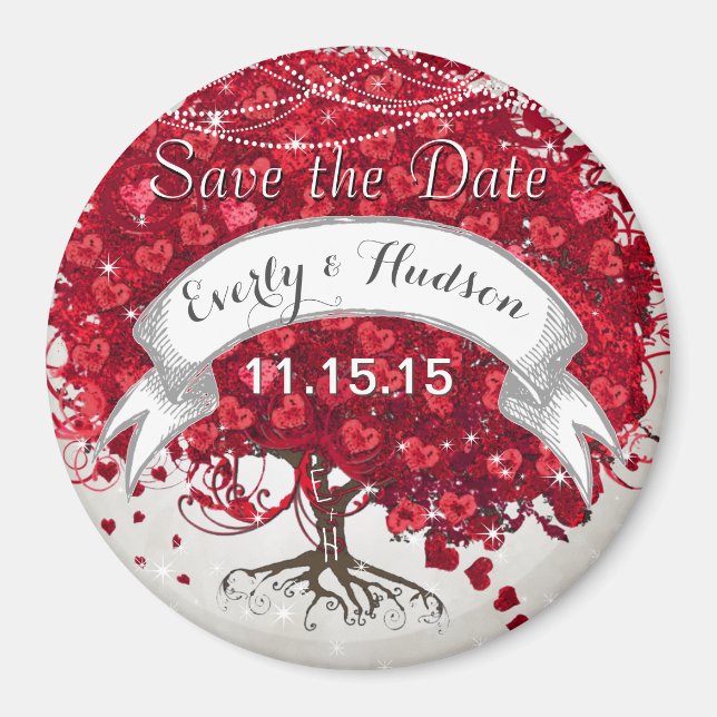Red Heart Leaf Tree Save the Date Under Stars Magnet (Front)