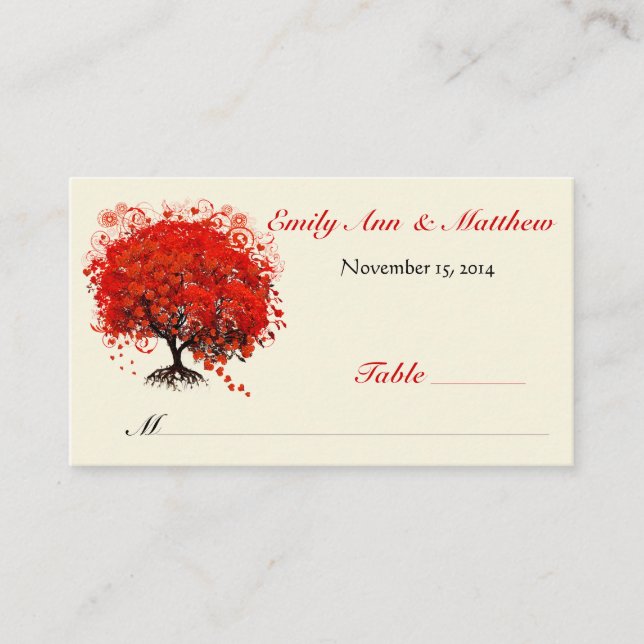 Red Heart Leaf Tree Table Place Cards (Front)