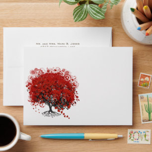 Red Heart Leaf Tree Wedding Envelopes