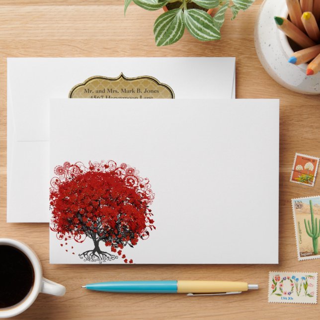 Red Heart Leaf Tree Wedding Envelopes (Desk)