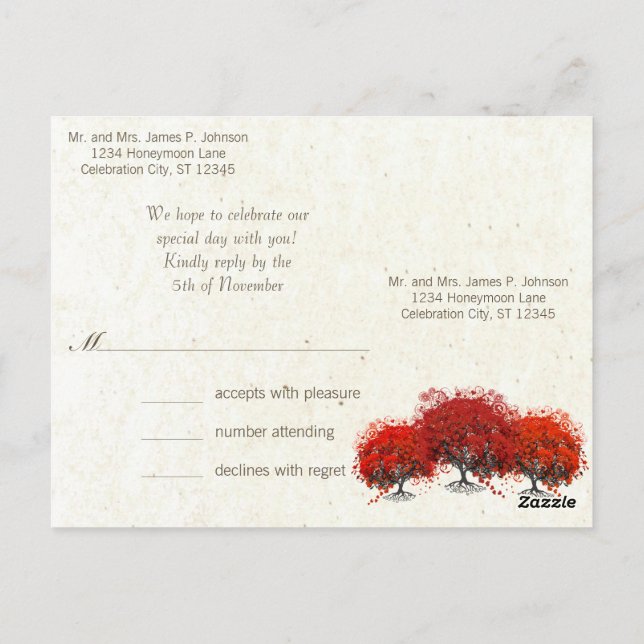 Red Heart Leaf Tree Wedding Postcard (Back)