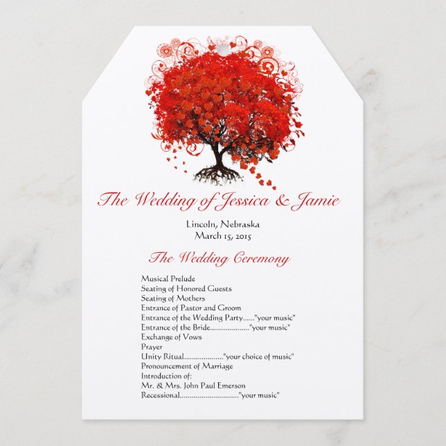 Red Heart Leaf Tree Wedding Program Programme (Front)