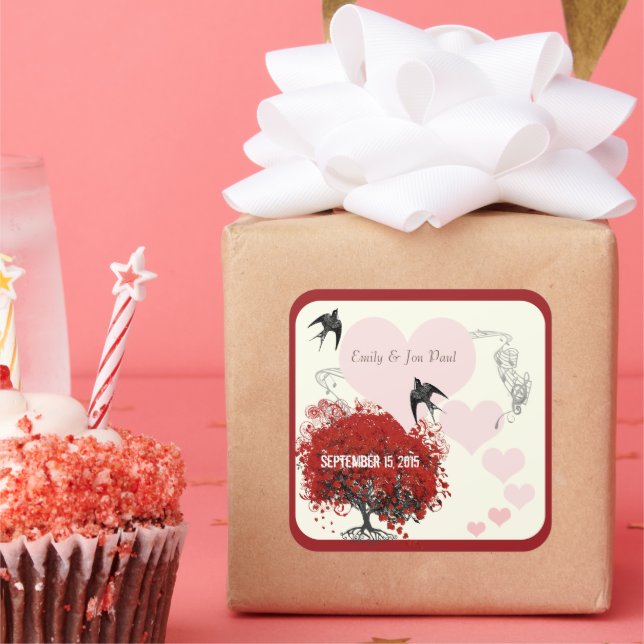 Red Heart Leaf Tree Wedding Square Sticker (Party)