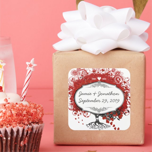 Red Heart Leaf Tree Wedding Square Sticker (Party)