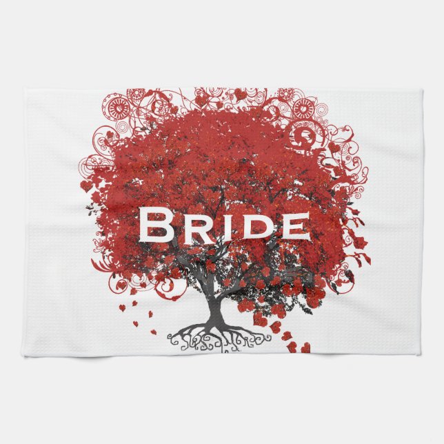 Red Heart Leaf Tree Wedding Tea Towel (Horizontal)