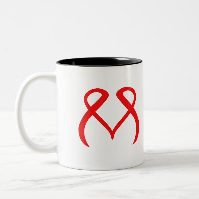 Red Heart Letter M Representing Love Two-Tone Coffee Mug (Left)