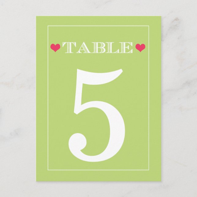 Red Heart Lime Green Wedding Table Number Cards (Front)