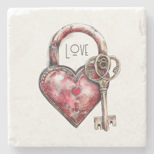 Red Heart Lock & Key Love Stone Coaster